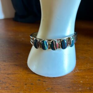 Mine Finds by Jay King .925 silver 5 rainbow calsilica oval stone cuff bracelet